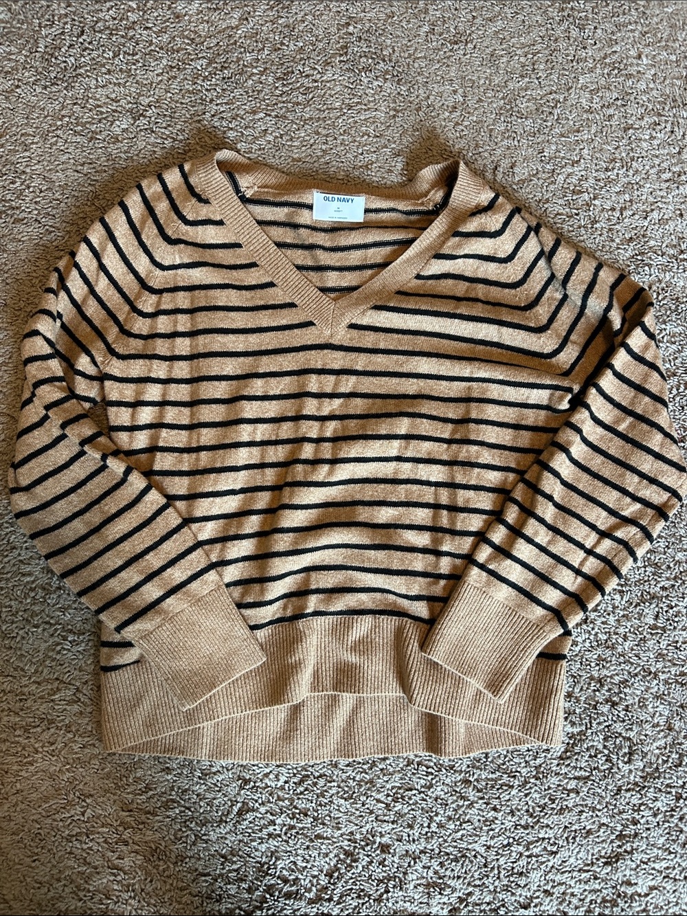 Old Navy Striped V-Neck Sweater in Tan and Black
